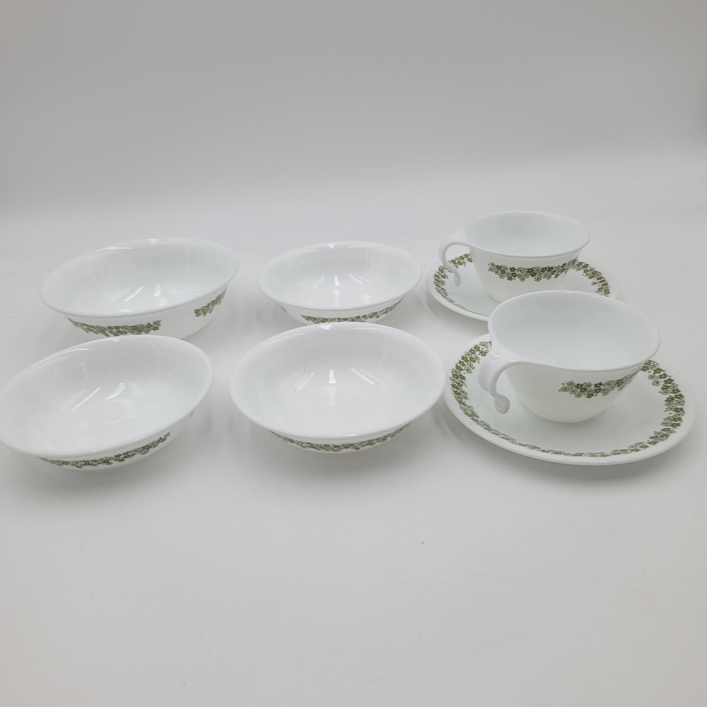8pc Corelle Spring Blossom Green Crazy Daisy Bowls Cups Saucers Set Vintage